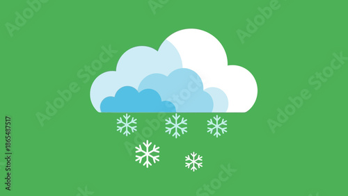 A stylized illustration of a cloud with snowflakes falling from it against a green background.