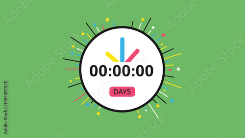 A digital countdown timer displaying 00:00:00 with the word DAYS below it, set against a green background with colorful abstract elements.