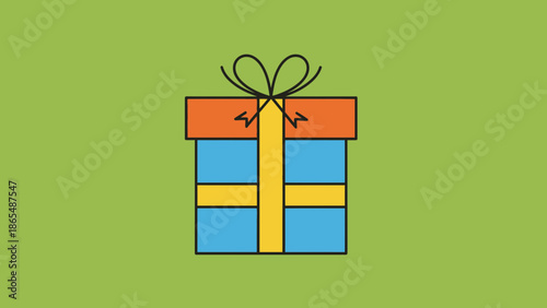 A simple, flat illustration of a blue gift box with an orange lid and a yellow ribbon tied with a bow on a green background.
