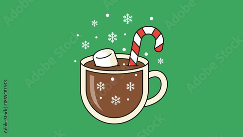 A festive mug of hot chocolate topped with a marshmallow and a candy cane, surrounded by snowflakes.