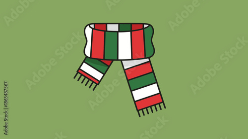 A festive Christmas scarf with red, green, and white stripes, depicted in a flat illustration style against a solid green background.