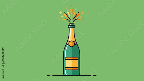 A celebratory champagne bottle erupts with a burst of golden sparkles against a plain green background.