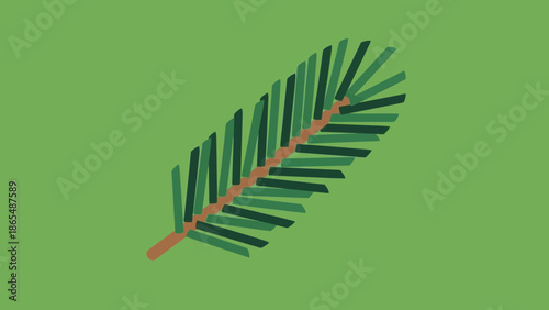 A stylized illustration of a single green pine branch with a brown stem against a solid green background.