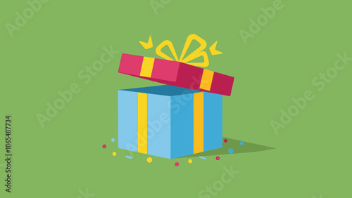 A brightly colored gift box is open, revealing a surprise inside with confetti scattered around.