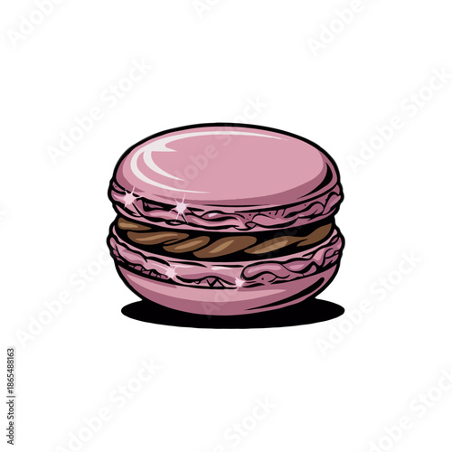 Hand drawn illustration of a single pink french macaron cookie with chocolate filling isolated on white background