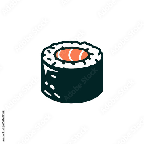 A single piece of salmon sushi roll with nori seaweed and rice depicted in a simple illustration style isolated on white background