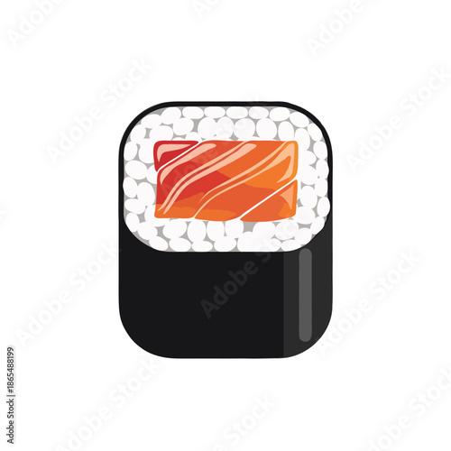 A single piece of delicious salmon sushi roll with nori seaweed and rice presented isolated on white background
