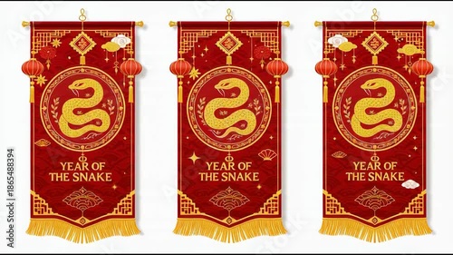 Ornate Red Traditional Banners Displaying Golden Snake Zodiac Symbol for Lunar New Year Celebration on White Background