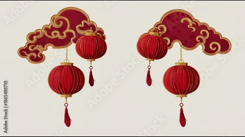 Vibrant Red Lanterns and Ornate Golden Clouds Gently Floating on a Light Textured Background Celebrating Cultural Traditions