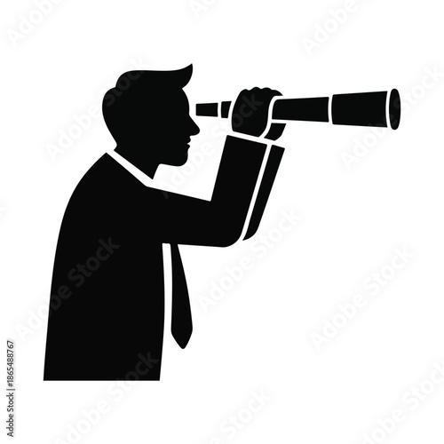 Silhouette man in suit looking through telescope searching for future vector