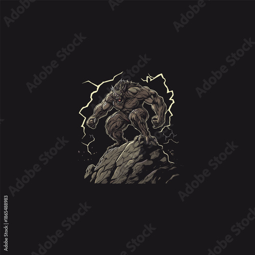 Furious muscular werewolf monster standing on rocks under lightning, aggressive beast illustration with stormy background.