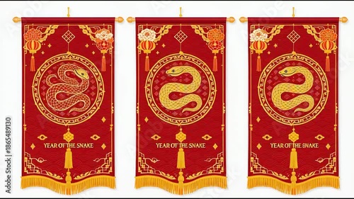 Vibrant red banners displaying golden snake zodiac symbol and traditional festive decorations