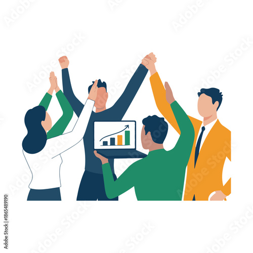Diverse team celebrates success with laptop showing growth chart business celebration