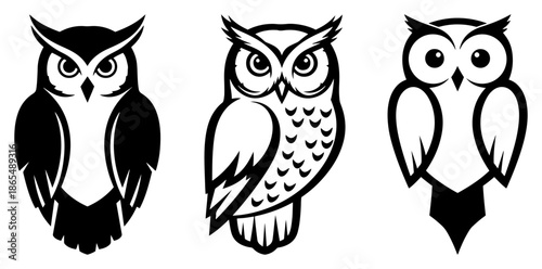 Set of three different stylized owl vector illustrations in black and white