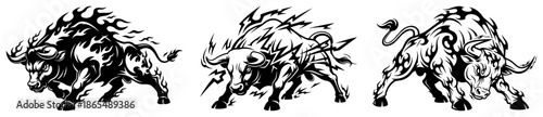 Aggressive bull tribal tattoo designs featuring fire and lightning elements set