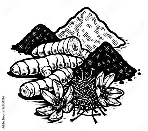 Turmeric roots and saffron flowers with spice powder piles illustration