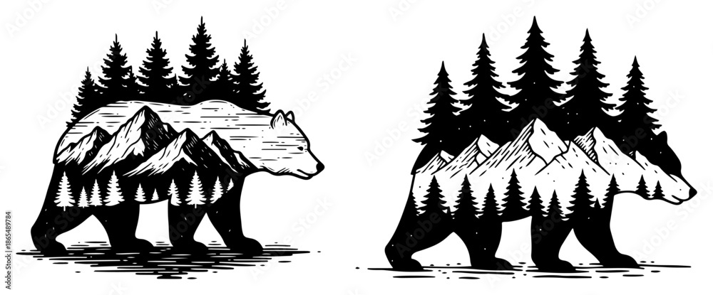 Fototapeta premium Double exposure bear silhouette with forest and mountain landscape inside body