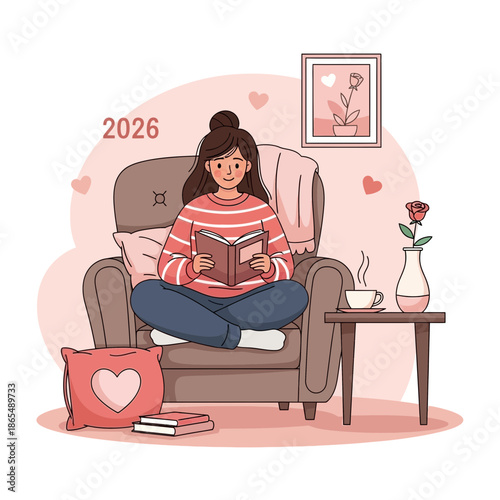 Cozy Reading Scene: Woman Relaxing in Armchair with Book, Tea, and Hearts