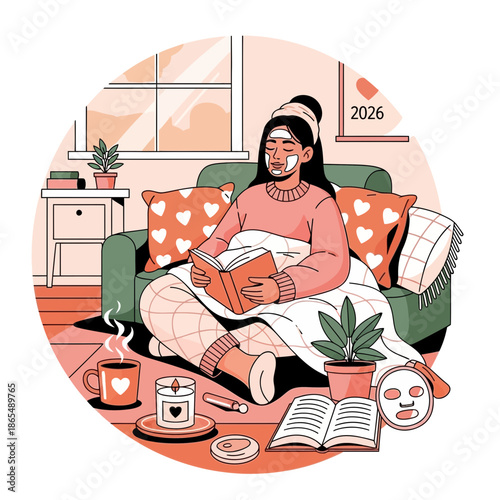 Cozy woman reading book with face mask, enjoying self-care at home.
