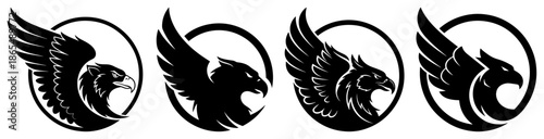 Collection of circular eagle head logos with wings in black silhouette style