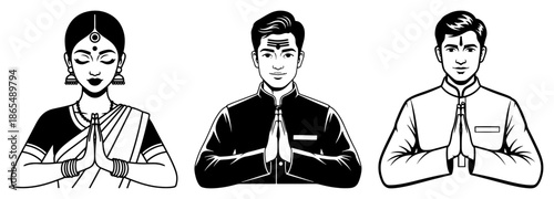 Indian people greeting with namaste hand gesture in traditional clothing