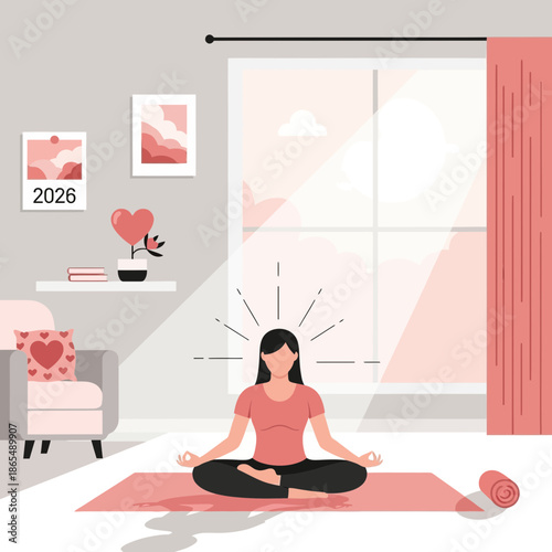 Woman Meditating in Lotus Pose at Home, Peaceful Mind, Calm Lifestyle
