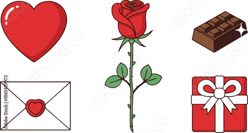 Valentine's Day symbols including heart, rose, chocolate, gift, and letter