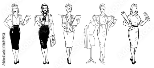 Professional women characters including fashion designers and architects in vintage style