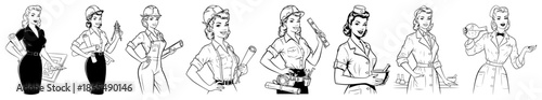 Retro style illustrations of women in various professions like construction and science