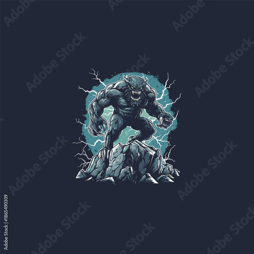 Furious muscular werewolf monster standing on rocks under lightning, aggressive beast illustration with stormy background.