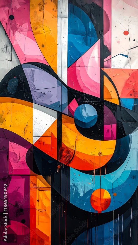 Fototapeta premium Vibrant, textured abstract art featuring flowing shapes in a blend of orange, pink, blue and black