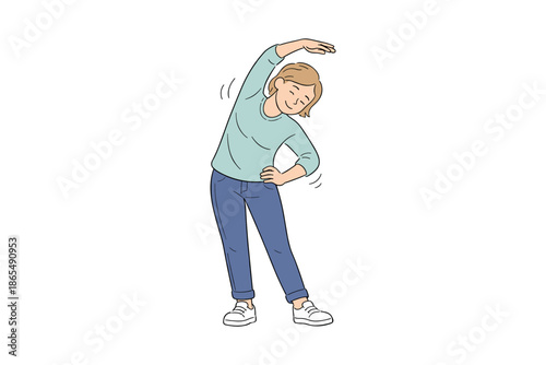 Cartoon woman stretching side bend, warm up fitness exercise, flat vector character illustration