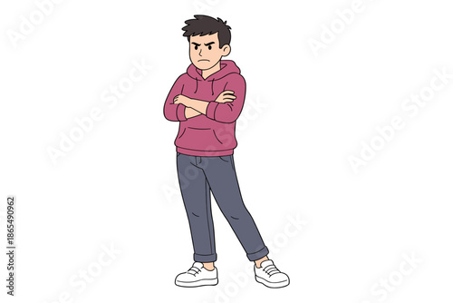 Angry cartoon man with crossed arms, disapproval and serious mood, flat vector character illustration