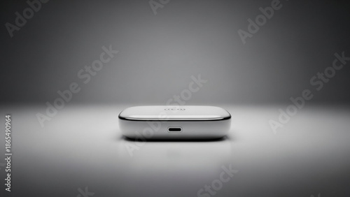 A sleek silver portable charger on a gradient gray background with subtle shadow