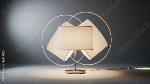 Modern table lamp with geometric design and soft glow on a dark background