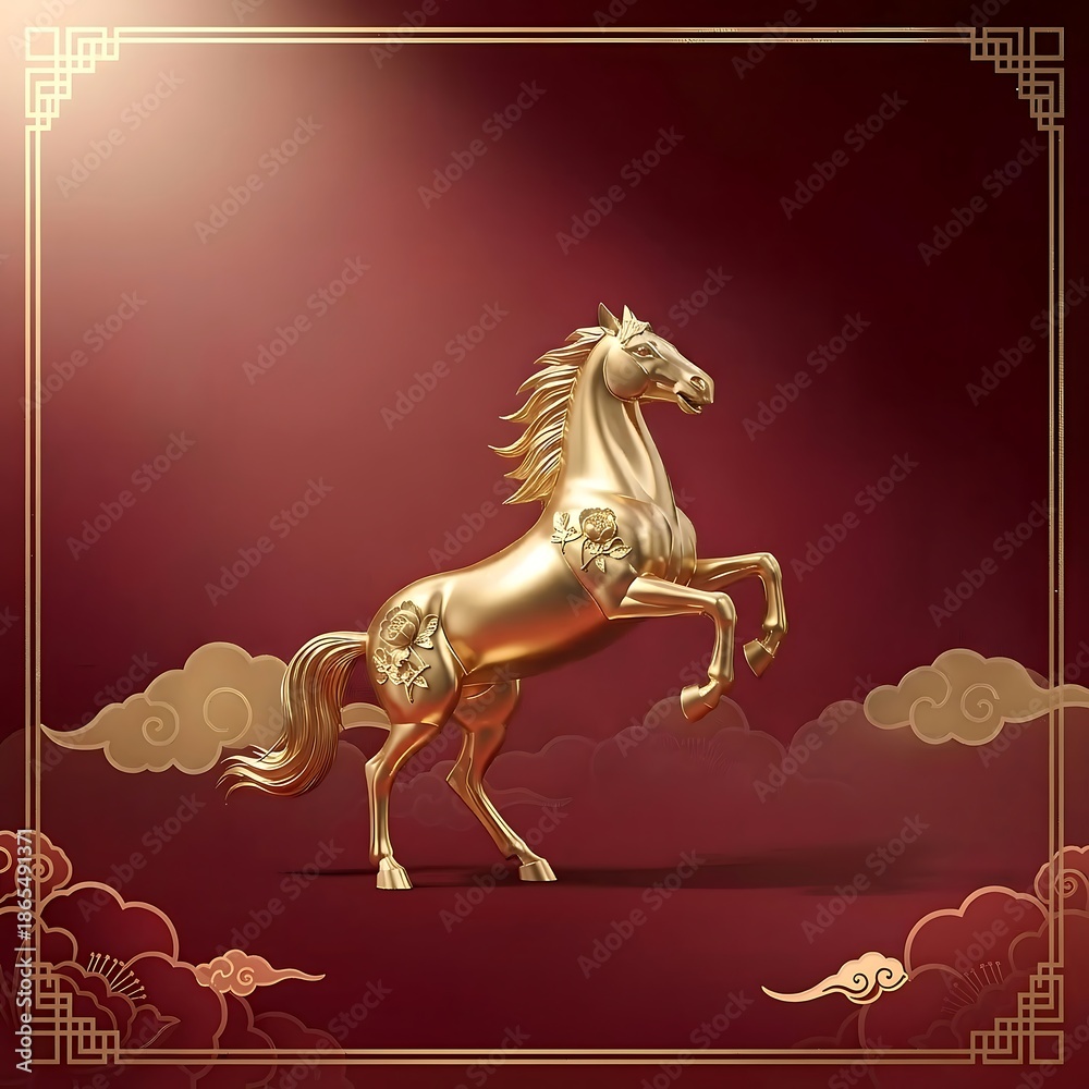 Fototapeta premium Golden horse rearing up with floral designs on body