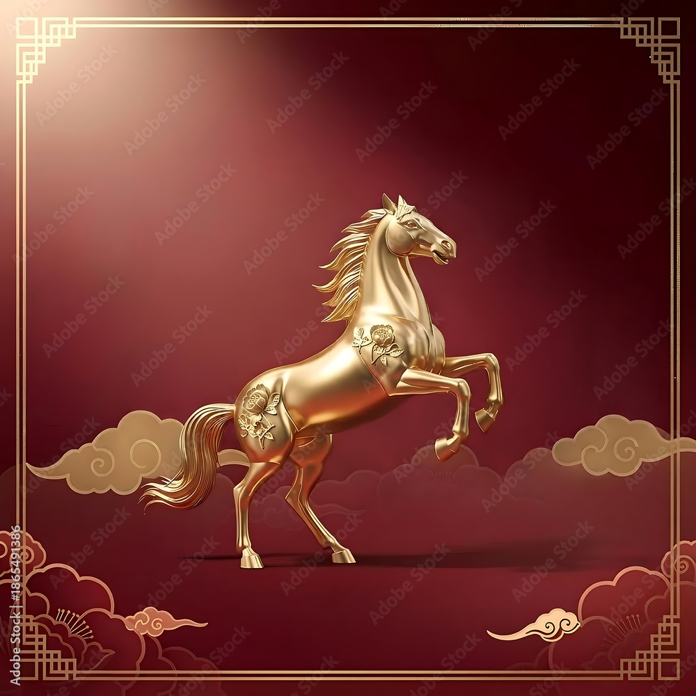Fototapeta premium Golden horse rearing up with floral designs on body