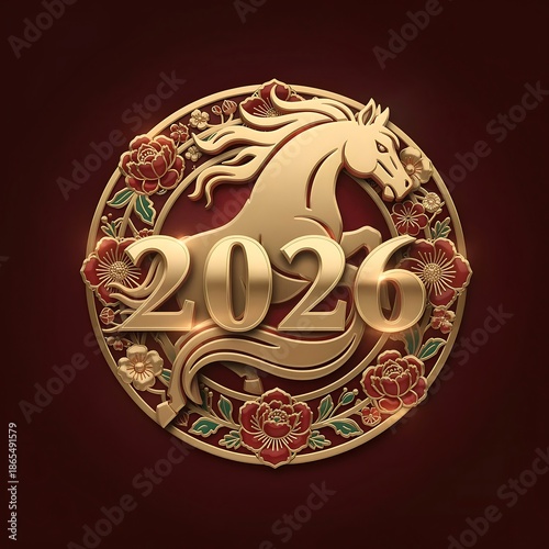 Golden 2026 Year of the Horse Chinese New Year coin with floral designs and elegant gold accents