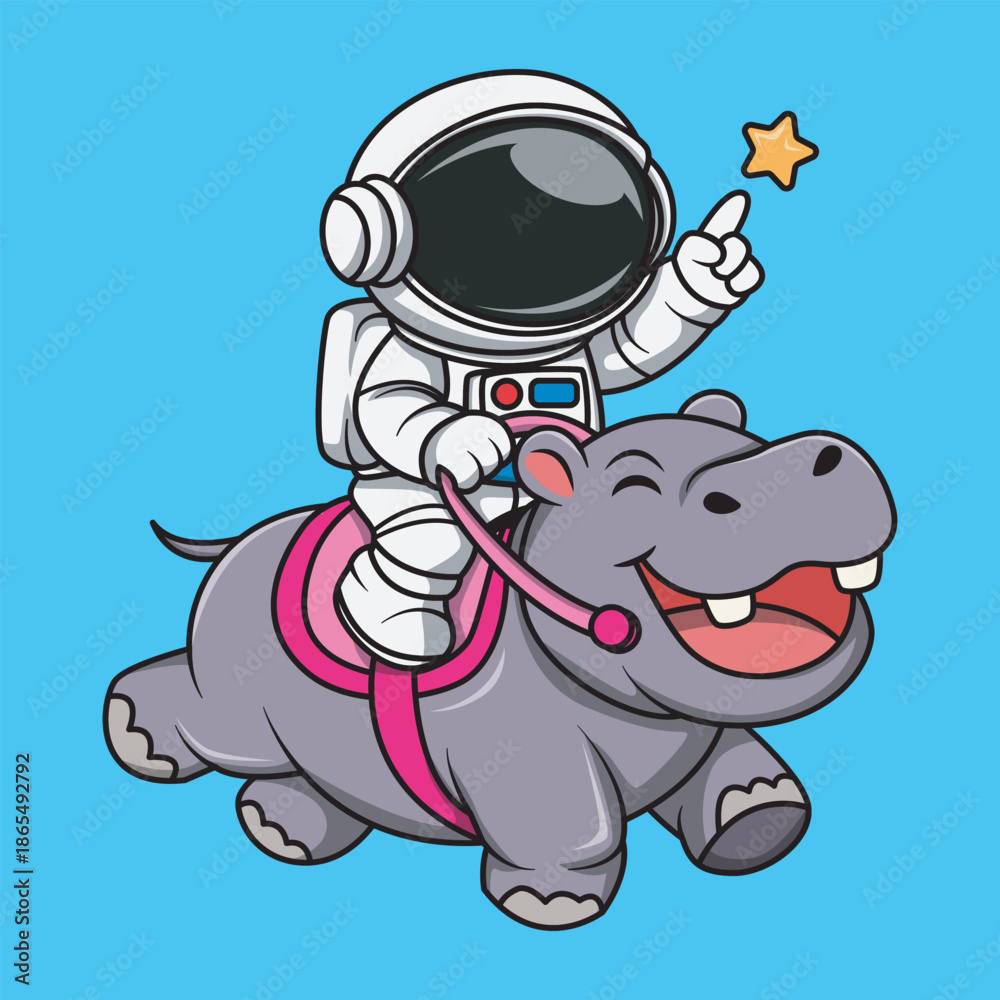 Fototapeta premium Cartoon Astronaut Riding on a Hippo
