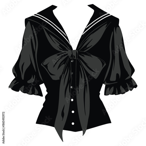 Black blouse with puff sleeves and bow front
