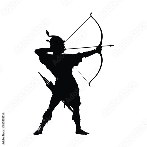 Silhouette of Archer Drawing Bow with Arrow