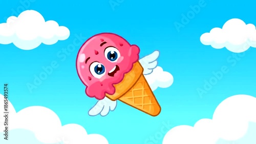 Animated Ice Cream Character Flying in a Blue Sky with Clouds.