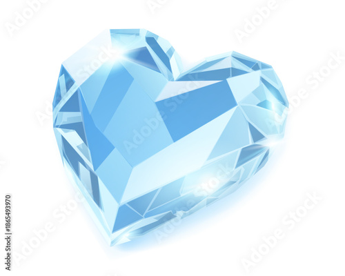A digitally illustrated heart-shaped diamond with various shades of blue, reflecting light on its numerous facets, set against a white background.