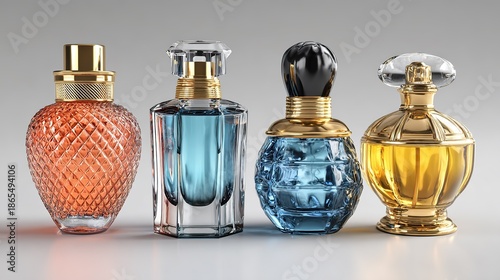 Artisan Fragrance Display: An array of exquisitely crafted perfume bottles, each a unique work of art, displaying a symphony of colors and designs, perfect for a collection or a luxurious display.