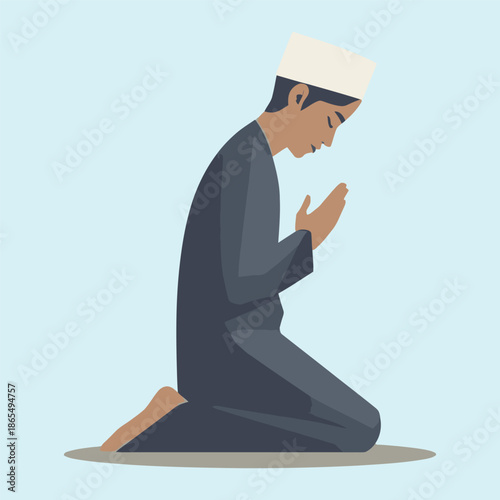 A Muslim man kneeling in prayer, showing devotion and spiritual practice.