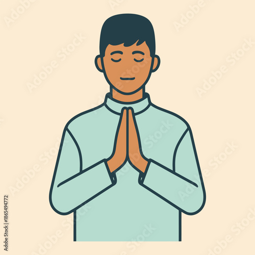 Muslim man in traditional cap with hands clasped in prayer or respectful greeting.