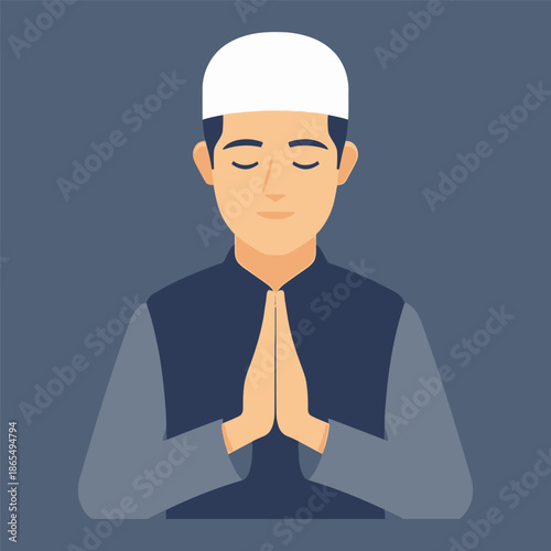 Muslim man in traditional cap with hands clasped in prayer or respectful greeting.