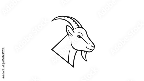 Minimalist black and white line art illustration of a goat head profile.