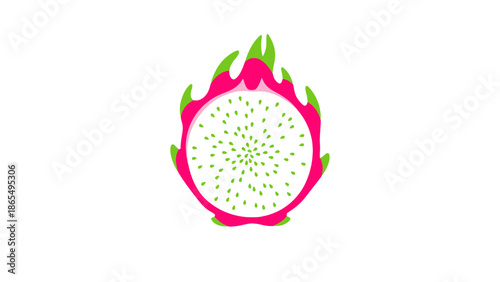 Close-up illustration of a sliced dragon fruit showing vibrant pink skin and green seeds inside.