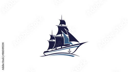 Stylized illustration of a sailing ship with multiple sails and an anchor symbol.